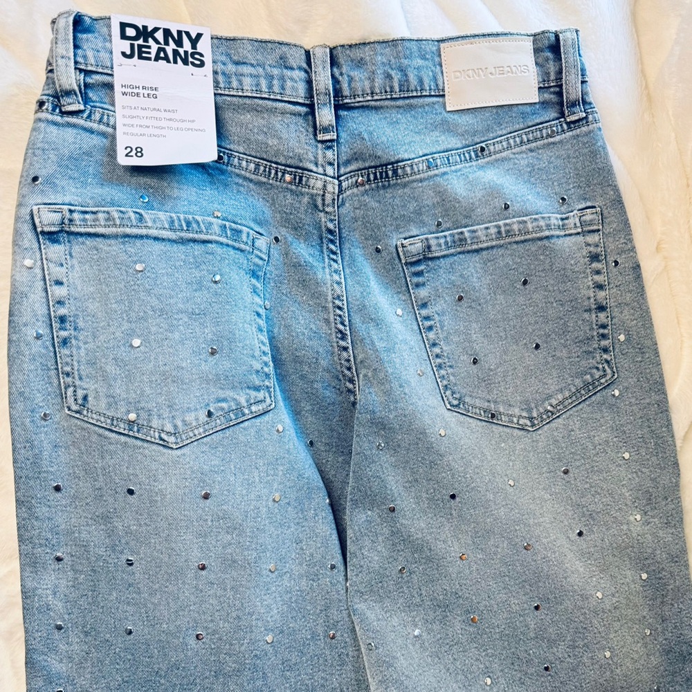 DKNY Light Blue Studded Wide Leg Jeans - Picture 5 of 11